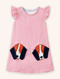 Puppy Embroidered Striped Dress
