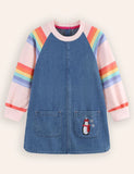 Cute Penguin Embroidered Denim Long-sleeved Dress