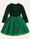 Christmas Velvet Bow Tulle Long Sleeve Dress