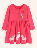 Cute Pony Embroidered Long-sleeved Dress