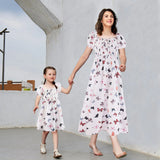 Mom&Me Butterfly Print Bubble Sleeve Flowing Dress