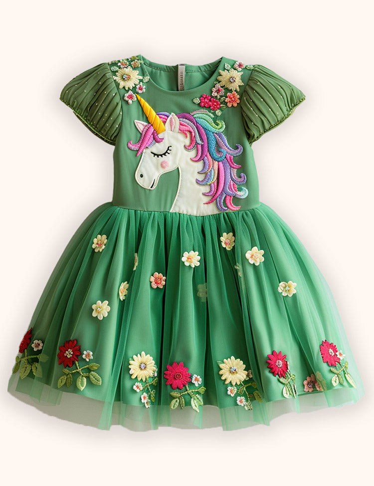 Flower Unicorn Applique Tulle Dress