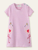 Flamingo Striped Appliqué Dress