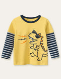 Singing Dinosaur Printed Fake Two-Piece Long-Sleeved T-shirt